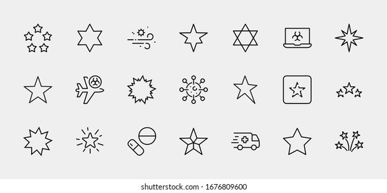 Set of Stars Vector Line Icons. Contains such Icons as Starry night, falling star, firework, twinkle, glow, glitter burst and more. Outline signs for glossy material. Editable Stroke. 32x32 Pixels.