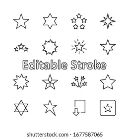 Set of Stars Vector Line Icons. Contains such Icons as Starry night, falling star, firework, twinkle, glow, glitter burst and more. Outline signs for glossy material. Editable Stroke. 32x32 Pixels.