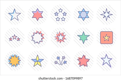 Set of Stars Vector Line Icons. Contains such Icons as Starry night, falling star, firework, twinkle, glow, glitter burst and more. Outline signs for glossy material. Editable Stroke. 32x32 Pixels.