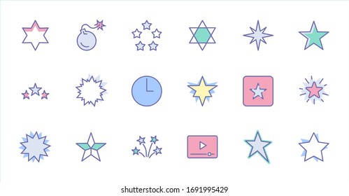 Set of Stars Vector Line Icons. Contains such Icons as Starry night, falling star, firework, twinkle, glow, glitter burst and more. Outline signs for glossy material. Editable Stroke. 32x32 Pixels.