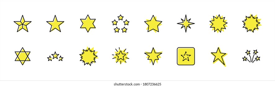 Set of Stars Vector Line Icons. Contains such Icons as Starry night, falling star, firework, twinkle, glow, glitter burst and more. Outline signs for glossy material. Editable Stroke. 32x32 Pixels.