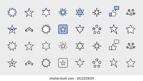 Juego de Iconos de la Línea del Vector de Estrellas. Contiene íconos como noche estrellada, estrella en caída, fuegos artificiales, brillo, ráfagas de brillo y más. Señales de contorno para material brillante. Stroke editable. 32x32 píxeles.