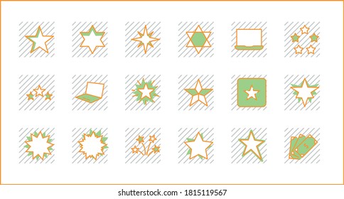Juego de Iconos de la Línea del Vector de Estrellas. Contiene íconos como noche estrellada, estrella en caída, fuegos artificiales, brillo, ráfagas de brillo y más. Señales de contorno para material brillante. Stroke editable. 