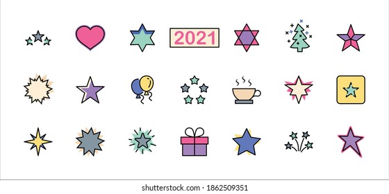 Set of Stars Vector Line Icons. Contains such Icons as Starry night, falling star, firework, twinkle, glow, glitter burst and more. Outline signs for glossy material. Editable Stroke. 
