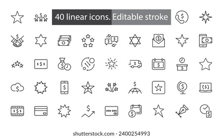 Set of Stars Vector Line Icons. Contains such Icons as Starry night, falling star, firework, twinkle, glow, glitter burst and more. Outline signs for glossy material. Editable Stroke. 32x32 Pixels.