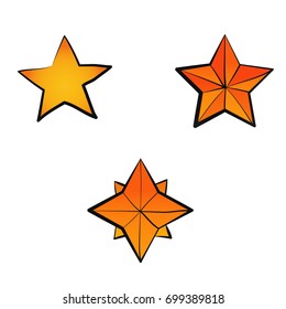 Set of stars in vintage retro style. Design elements for old school tattoo, background hipster cover, poster. Cartoon vector illustration.