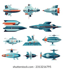 Set of starship icons in a flat design style, minimalistic vector graphics on a clean white background. Collection of starships inspired by science fiction