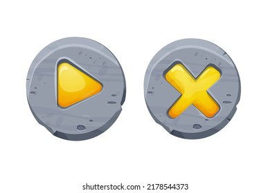 Set Start And Closed Buttons On Stone Circle In Comic Cartoon Style, Ui Game Design Element, Interface Object Isolated On White Background.