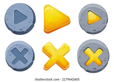 Set Start And Closed Buttons On Stone Circle In Comic Cartoon Style, Ui Game Design Element, Interface Object Isolated On White Background.