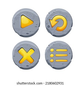 Set Start And Closed Buttons On Stone Circle In Comic Cartoon Style, Ui Game Design Element, Interface Object Isolated On White Background.