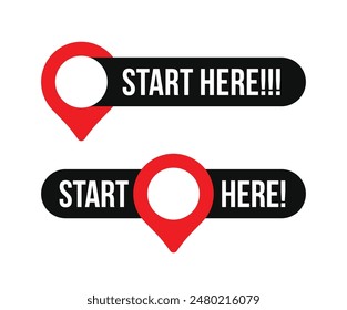 A set of start here text button with map pin icons template Isolated on white background. Vector illustration.