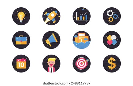 Set von Start-up-Symbol schwarzer Kreis Hintergrund flache Design-Symbol-Illustration
