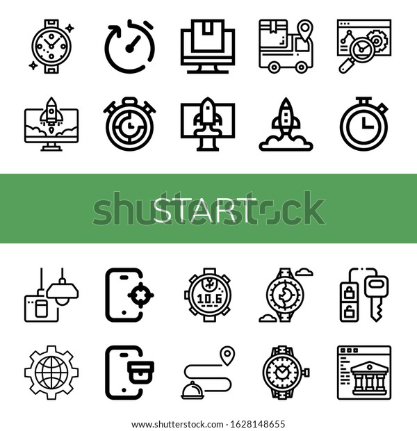 Set of start icons. Such as Watch, Startup,\
Delivery time, Timer, Tracking, Web, Chronometer, Turn off,\
Internet, Stopwatch, Car key , start\
icons