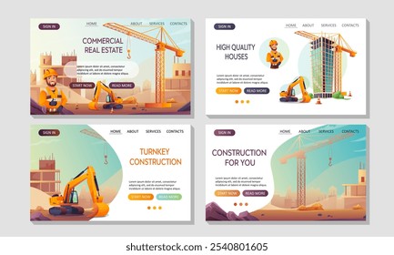 Conjunto de páginas de inicio para una empresa constructora que construye casas. Maquinaria de construcción en una obra de construcción. Ilustraciones vectoriales en estilo de dibujos animados. Plantilla de Sitio web.