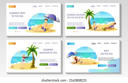 A set of start pages dedicated to seaside vacations. People are on the beach. Vector illustration isolated on white background.