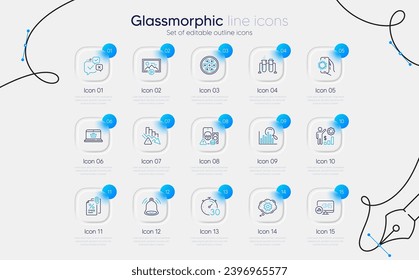 Set of Start presentation, Deflation and Online shopping line icons for web app. Phishing, Timer, Employees wealth icons. Cable section, Report statistics, Search signs. Covid app. Vector
