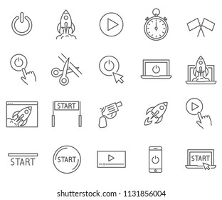 Set of start Related Vector Line Icons. Includes such icons as startup, launch, rocket, stopwatch and more.
