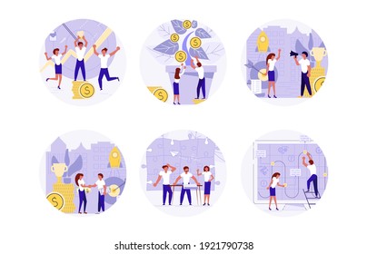 Conjunto de stickers de círculo de inicio. Iniciar un nuevo proyecto de negocio con el concepto de equipo. Proceso de desarrollo, producto de innovación, idea creativa aislada en blanco. Ilustración de Vector de arte plano