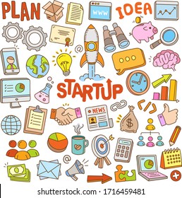 Set of startup company vector cartoon illustration elements. Various objects of hand-drawn startup company in doodle color.
