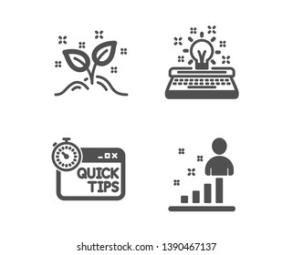 Set of Startup concept, Quick tips and Typewriter icons. Stats sign. Launch project, Helpful tricks, Inspiration. Business analysis.  Classic design startup concept icon. Flat design. Vector
