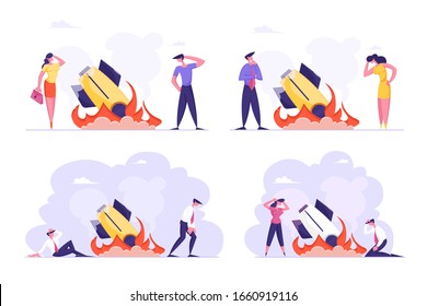 Set Startup Crash, Business Failure. Businesspeople Stand at Fallen Burning Rocket Trying to Realize Mistake in Business Strategy, Management Failed to Achieve Profit. Cartoon Flat Vector Illustration