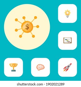 Set of startup icons flat style symbols with idea, launch, brain and other icons for your web mobile app logo design.