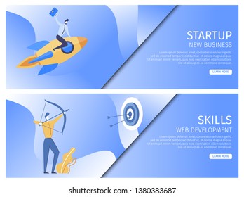 Set Startup New Business, Skills Web Development. Man Sits on Rocket. Man Suit Shoots Bow and Hits Target. Personal Strength Leads to Project Success. Landing Page Vector Illustration.
