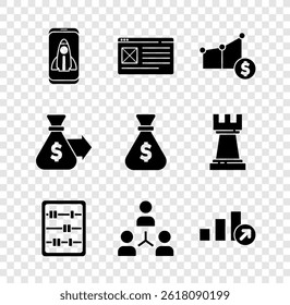 Set Startup project concept, Browser window, Pie chart and dollar, Abacus, Project team base, Financial growth, Money bag and  icon. Vector
