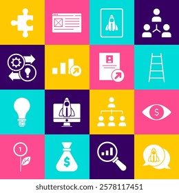 Set Startup project concept, Eye with dollar, Stair finish flag, Financial growth, Human resources, Piece of puzzle and Job promotion icon. Vector