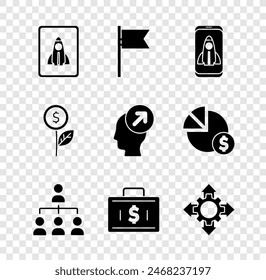 Set Startup project concept, Location marker, Hierarchy organogram chart, Briefcase and money, Project team base, Dollar plant and Head hunting icon. Vector