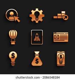 Set Startup project concept, Money bag, Light bulb with dollar mobile, Browser window, Hot air balloon, Financial growth and Create account screen icon. Vector