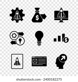 Set Startup project concept, Money bag, Browser window, Head hunting, Human resources and Light bulb with of idea icon. Vector - Powered by Shutterstock - Get 15% off with code: PIKWIZARD15
