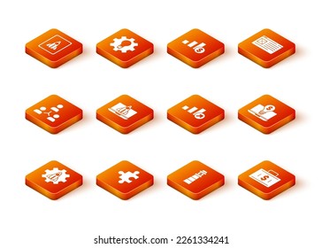 Establecer el concepto de proyecto de inicio, Pieza de rompecabezas, base de equipo de Project, Faro, Crecimiento financiero, Maletín y dinero y bombilla con icono de portátil en dólares. Vector