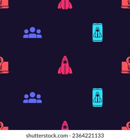 Set Startup project concept, Users group,  and Light bulb with dollar laptop on seamless pattern. Vector