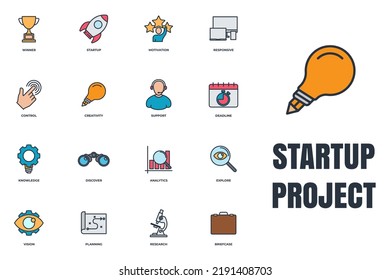 Set von Startup-Projekt Symbol Symbol Vektorgrafik. Vorlage für das Entwicklungspaket für Grafik- und Webdesign-Kollektion