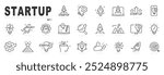 Set of startup related line icons. Launch, rocket, project, development etc. Editable stroke.