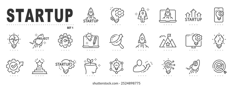 Set of startup related line icons. Launch, rocket, project, development etc. Editable stroke.