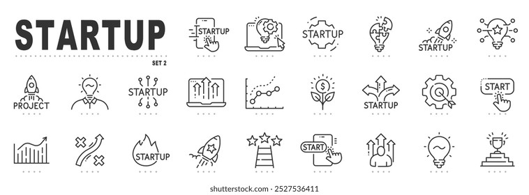 Set of startup related line icons. Launch, rocket, project, development etc. Editable stroke. Set 2