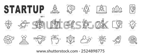 Set of startup related line icons. Launch, rocket, project, development etc. Editable stroke.