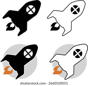 Set of startup rocket icons in various styles, featuring bold black and white designs with minimalistic fire effects