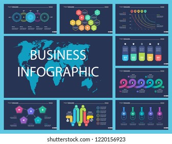 Set of startup or strategy concept infographic charts. Business diagrams for presentation slide templates. For corporate report, advertising, banner and brochure design.