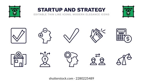 set of startup and strategy thin line icons. startup and strategy outline icons such as attitude, valid, clap, budget, franchise, franchise, strategy choice, thought, exchanging, comparison vector.