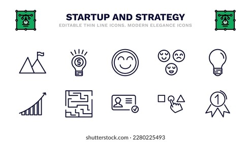 set of startup and strategy thin line icons. startup and strategy outline icons such as entrepreneur, happiness, reaction, bulb, grow, grow, strategy in a labyrinth, identity, choose, first vector.