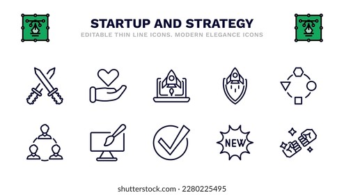 set of startup and strategy thin line icons. startup and strategy outline icons such as care, startup laptop, shield, adaptation, team, team, web de, accept, new product, rivalry vector.