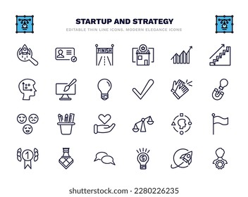 set of startup and strategy thin line icons. startup and strategy outline icons such as startup project search, finish line, increase, web de, clap, stationery, user experience, strategy game,