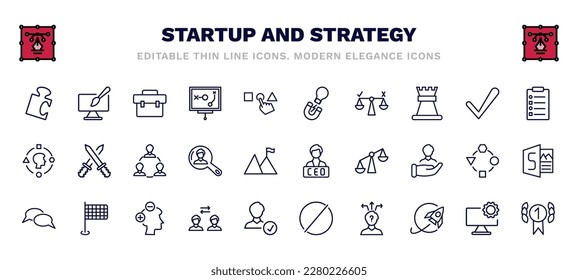 conjunto de iconos de línea delgada de inicio y estrategia. iconos de esquema de inicio y estrategia como jigsaw, experiencia, imán de ideas, procedimiento, equipo, ceo, discusión, intercambio, elección de estrategia, medalla de oro