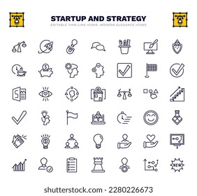 conjunto de iconos de línea delgada de inicio y estrategia. iconos de esquema de inicio y estrategia como comparación, imán de idea, papel, marca de fin, franquicia, cabeza de inicio, juego de estrategia, humanpictos,