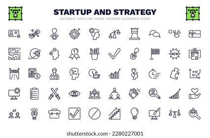 set of startup and strategy thin line icons. startup and strategy outline icons such as identity, management, rook, strategy in a labyrinth, finish line, increase, web development, exchanging,