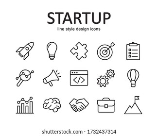 Set of startup vector icons. Contains such Icons as research, launch, marketing and more . Suitable for website design, template, and ui. Line style design. 