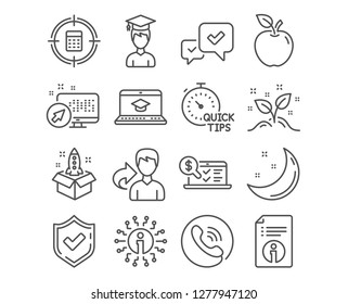 Set of Startup, Website education and Approve icons. Online accounting, Technical info and Startup concept signs. Student, Quick tips and Calculator target symbols. Vector